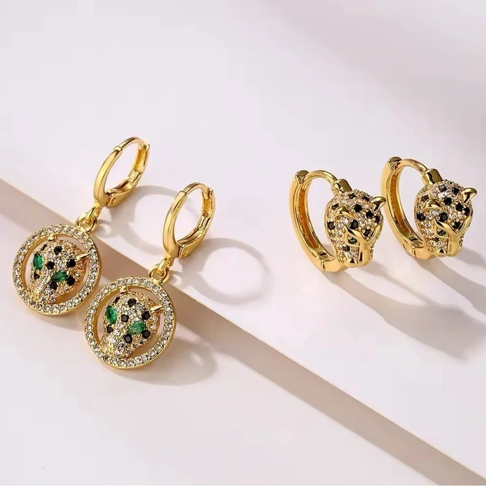 18K Gold Pavé Diamond Panther Designer Inspired Huggie Hoop Dangle Drop Earrings